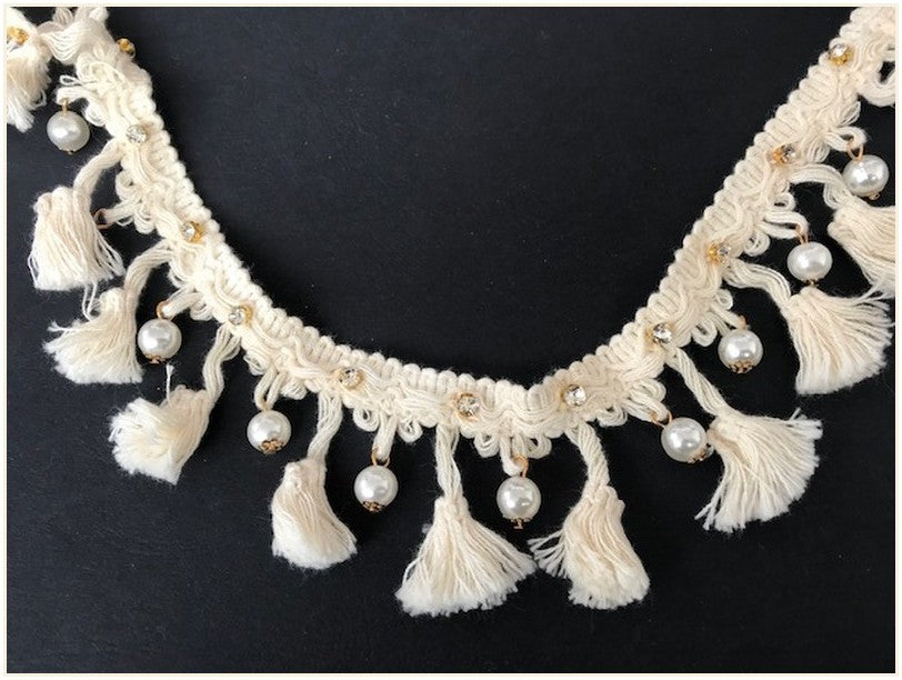 Frange Pompon Perlé Et Strassé En Coton Au Mètre