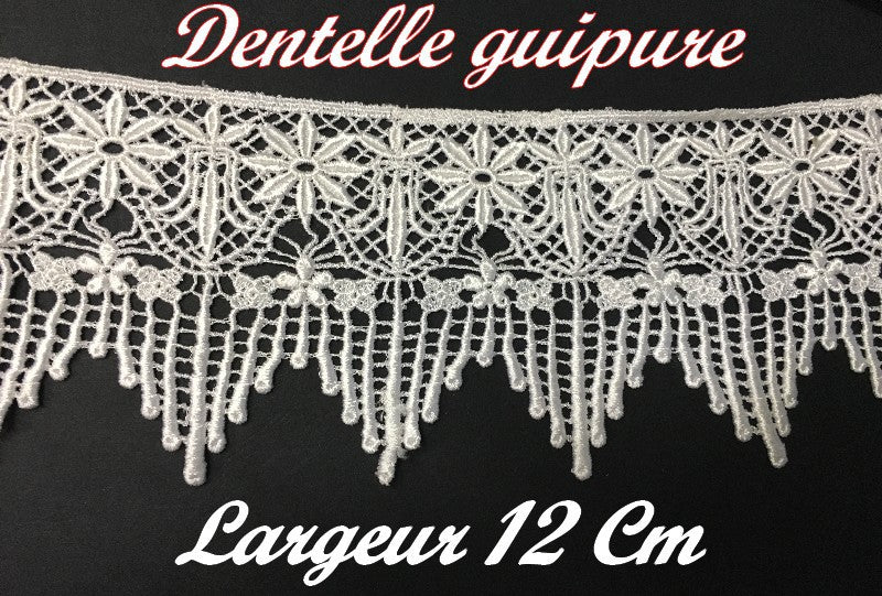 Guipure Lace Trim by the Meter in 12 cm White, in Flower Patterns for Customizations and Decorations.
