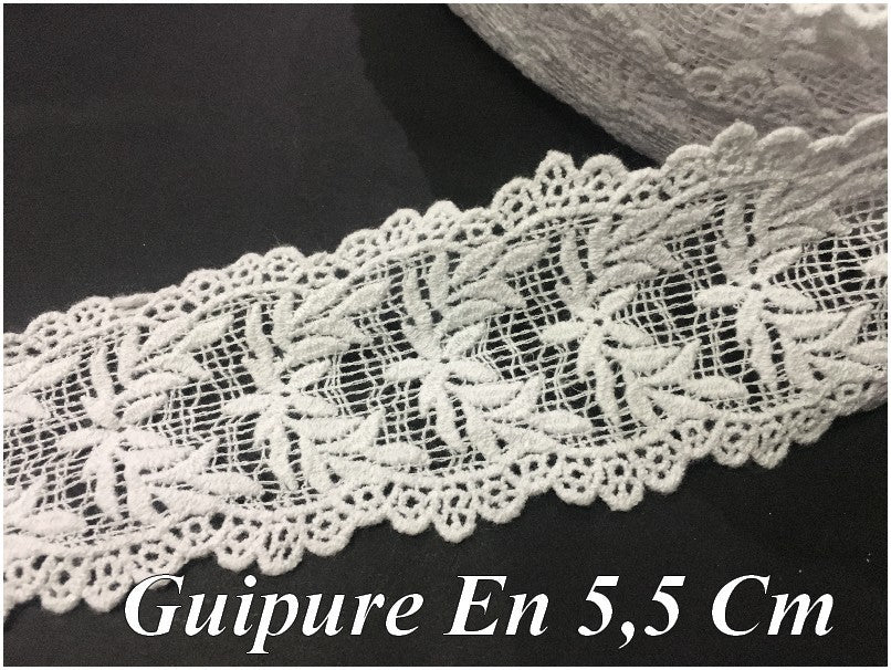 Adorno de encaje de guipur blanco por metro de 5,5 cm para personalizaciones y decoraciones