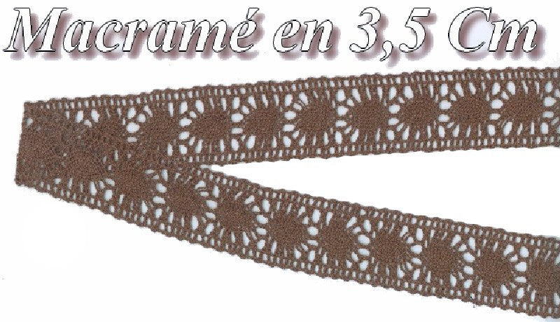 Adorno de encaje de macramé por metro de 3,5 cm en color marrón chocolate para coser.