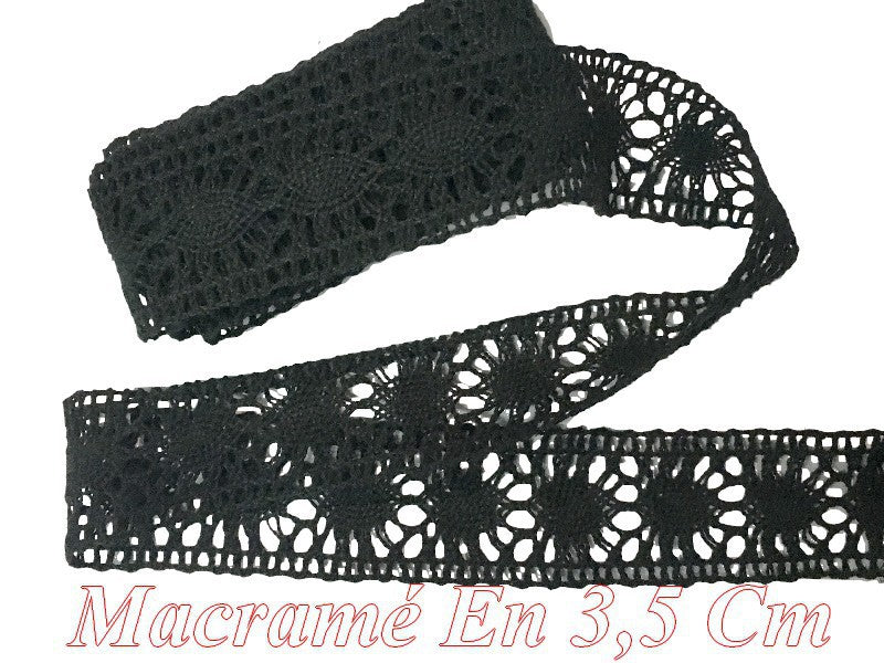 Adorno de Encaje de Macramé por Metros en 3,5 cm Negro, para Coser.