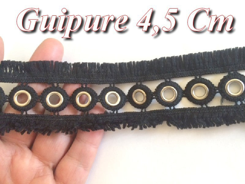 Galon Ruban Frange A Oeuillet Argent en 4.5 cm Noir Au Mètre , A Coudre Pour Loisirs Créatifs, Customisations.