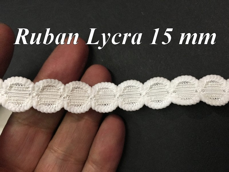 Cinta de licra festoneada blanca de 15 mm para lencería y personalizaciones.