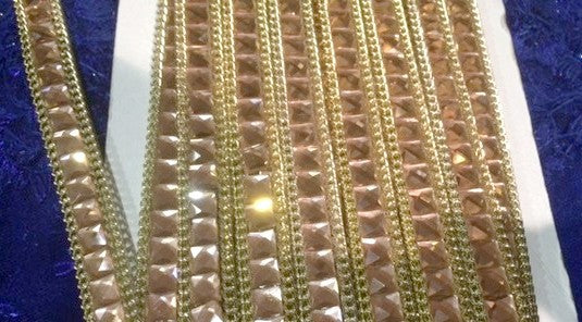 Rhinestone Trim by the Meter in 15mm Square Crystal Decorated with Gold Chain.