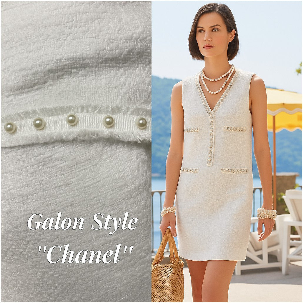 Galon Style Chanel avec Perles Nacrées – Ruban Blanc Frangé 30 mm – Vente au Mètre