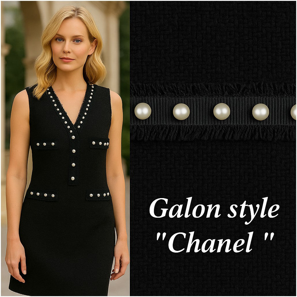 Galon Style Chanel avec Perles Nacrées – Ruban Noir Frangé 30 mm – Vente au Mètre