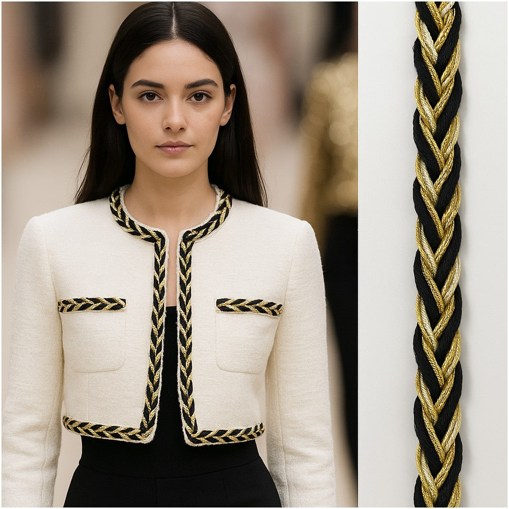 🧵 Galon Tressé Style Chanel – Noir, Ivoire et Doré
