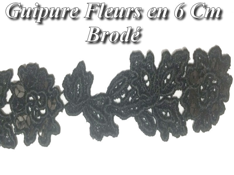 Guipure Flowers by the Meter in 6 cm Black Decorated with Sequins.
