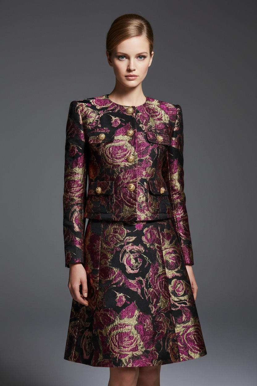 Modèle portant un tailleur en brocart floqué roses fuchsia et or sur fond noir