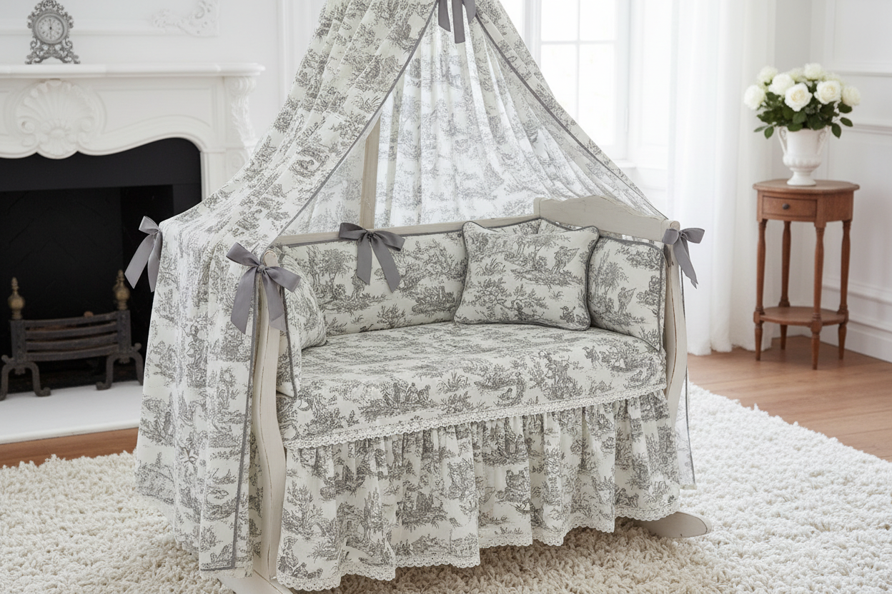 Berceau pour bébé en Toile de Jouy gris coton français