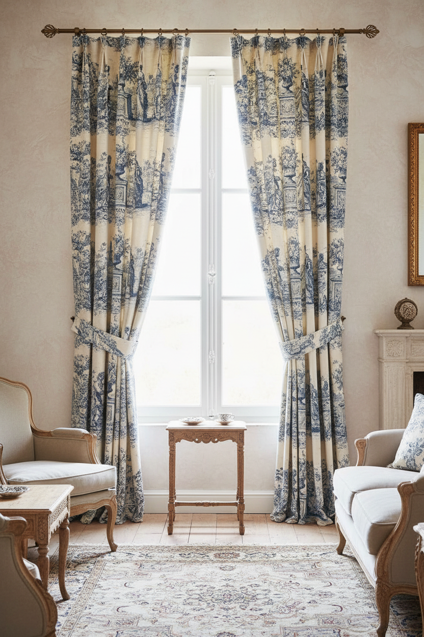 Rideaux élégants en Toile de Jouy bleu indigo