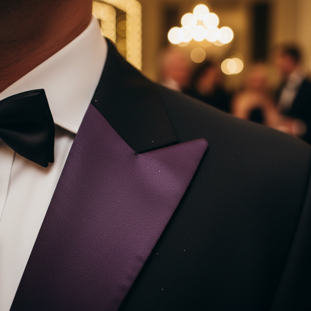 Détail col châle satin violet parme sur smoking noir - finition brillante haute couture