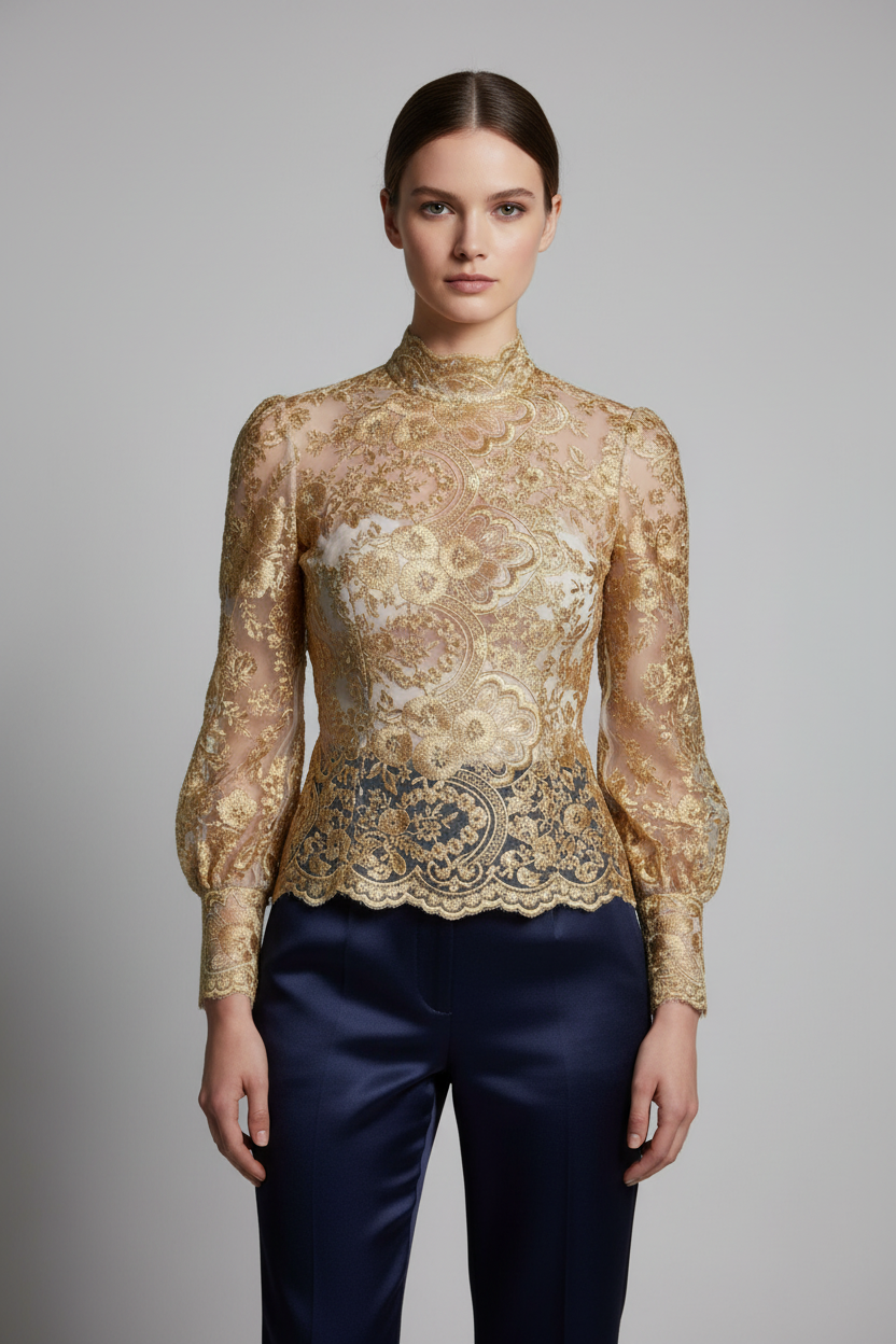 Top dentelle brodée dorée or - fils dorés scintillants haute couture