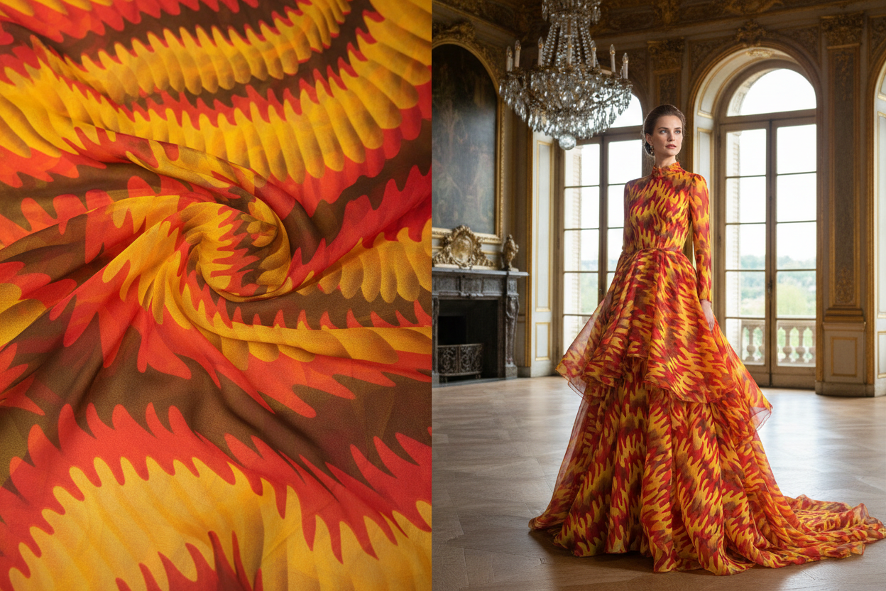 Mousseline de soie imprimée motif flammes - robe de soirée longue fluide jaune orange rouge - Silk chiffon flame print evening gown yellow orange red