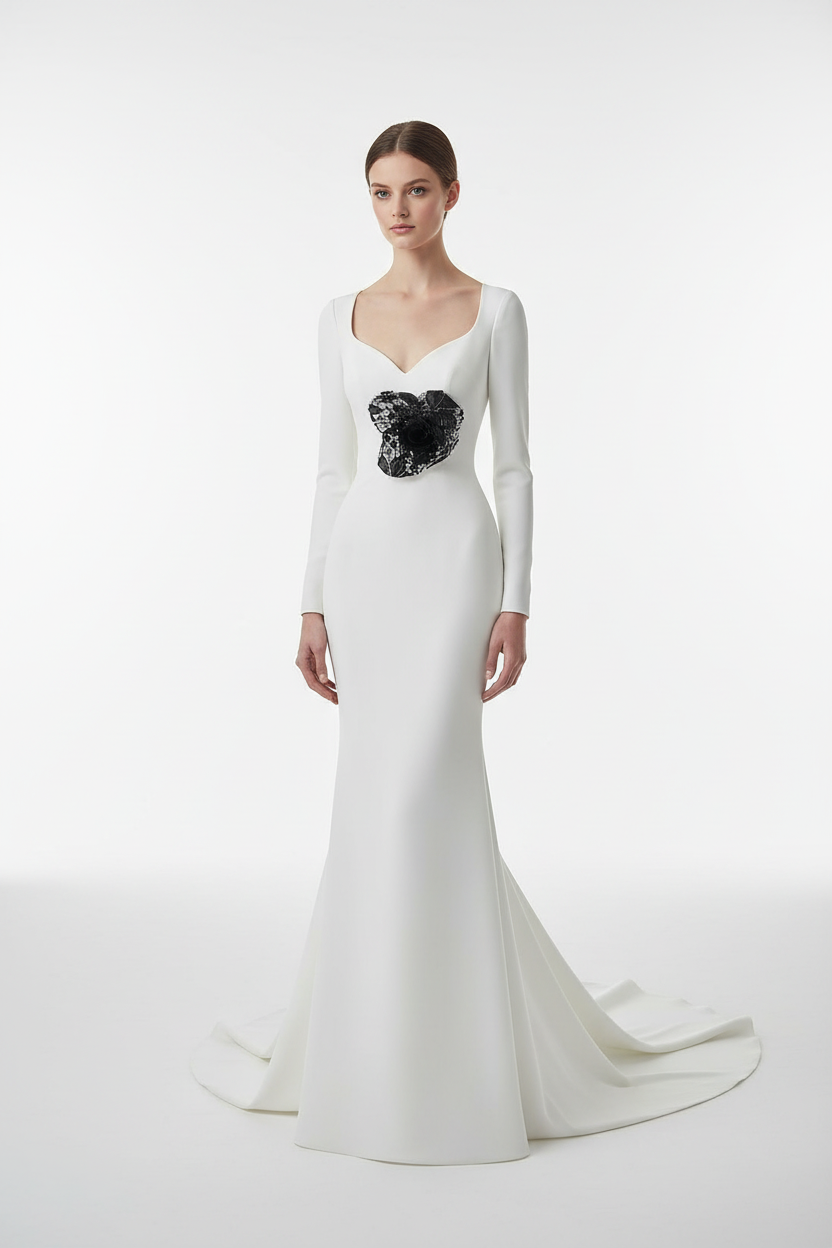 Robe blanche avec fleurs en dentelle noire en broche - détail haute couture