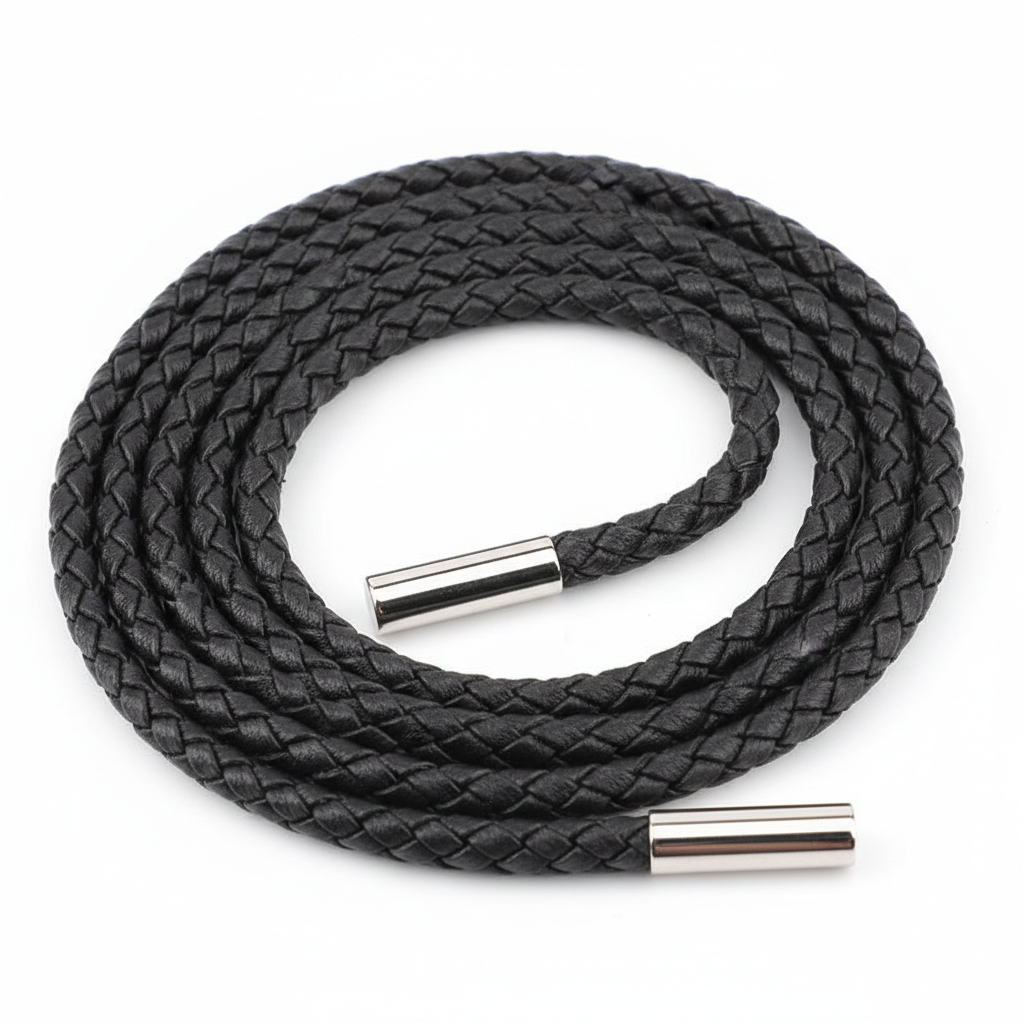 Cordon cuir ciré tressé noir 140cm diamètre 10mm avec embouts argentés - Bijouterie premium