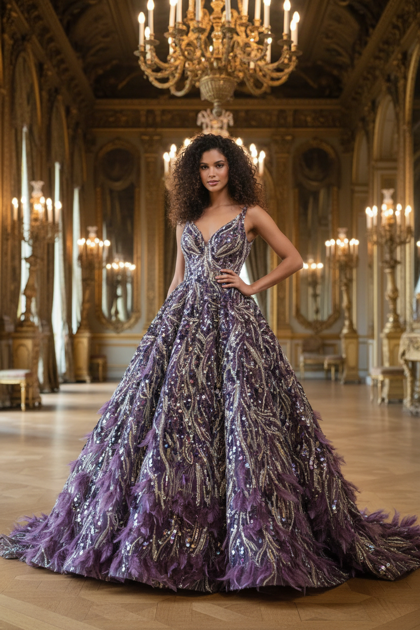 Jeune femme brune bouclée en robe haute couture tulle violet plumes mauves – château / Young curly brunette in purple feathered tulle gown – château