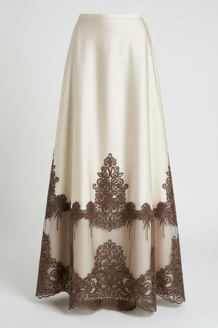 Jupe avec dentelle brodée marron sur tulle 16cm - bordure raffinée