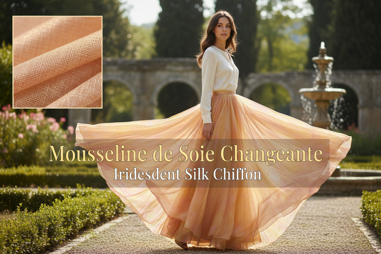 Mousseline de Soie Changeante Pêche et Jaune 145 cm - Haute Couture