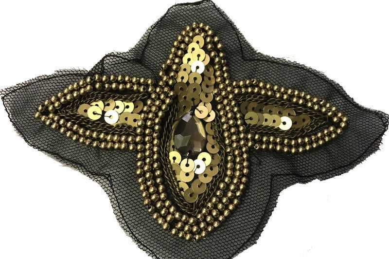 Khaki Bronze Sequin Applique Patch Motif Decorated with Rhinestones