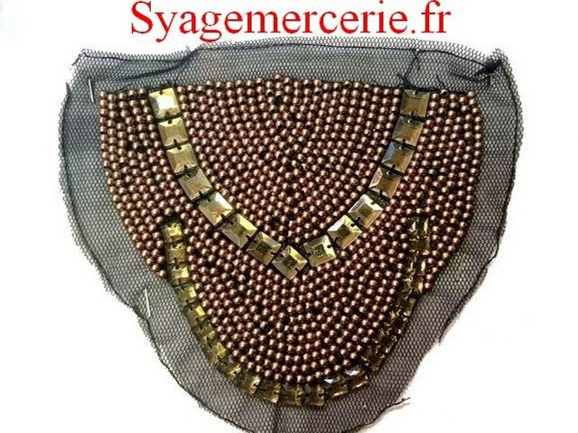 Motif Patch, Applique, Perle Strass bronze sur Résille