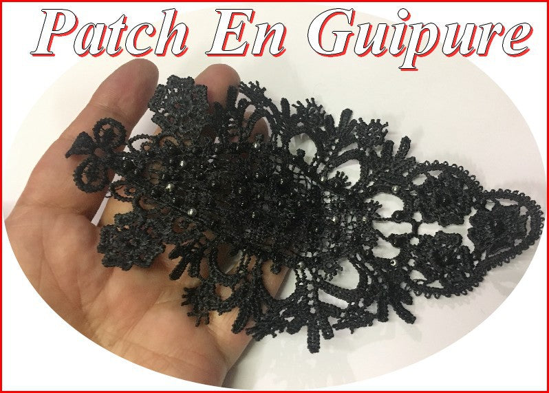 Black Beaded Guipure Lace Patch Motif to Sew on for Crafts and Customizations.