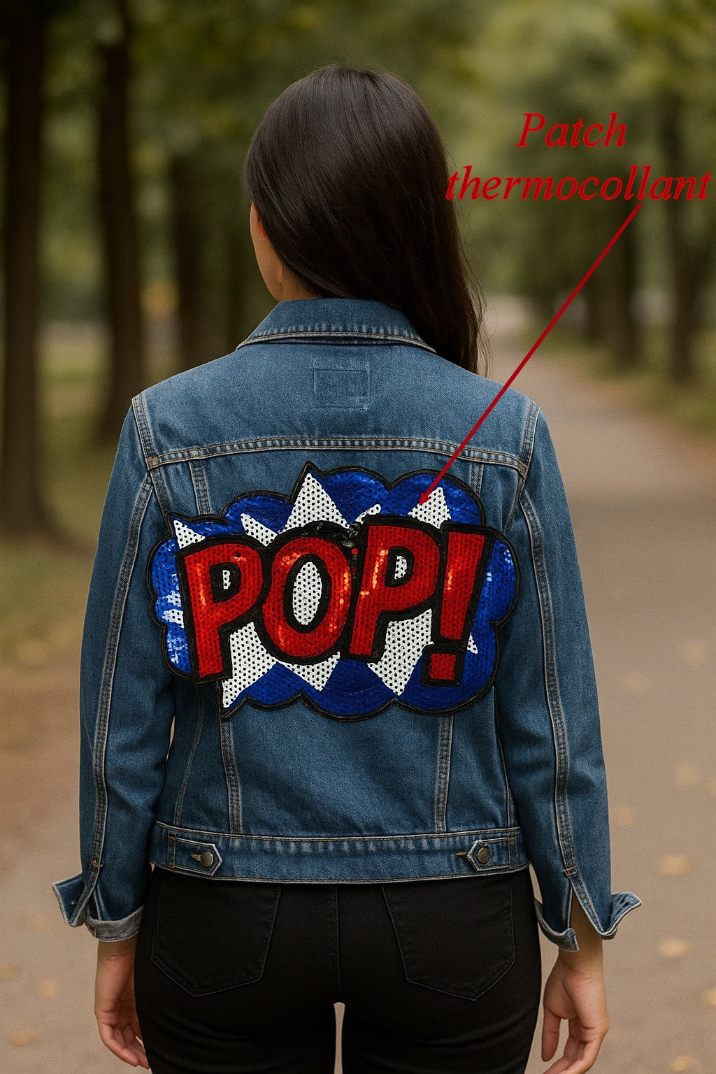 Red, blue and white "POP!" sequin iron-on patch – 26x17 cm – iron on – customise clothing