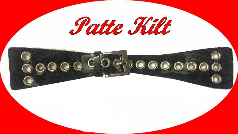 Faux Leather Kilt Tab with Silver Buckle and Eyelets to Sew in 20 cm Black.