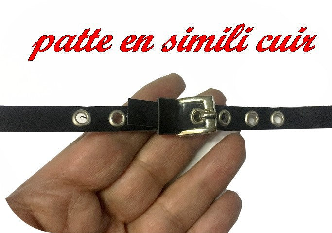 Shiny Faux Leather Kilt Tab with Silver Buckle and Eyelets to Sew on in 15cm Black.