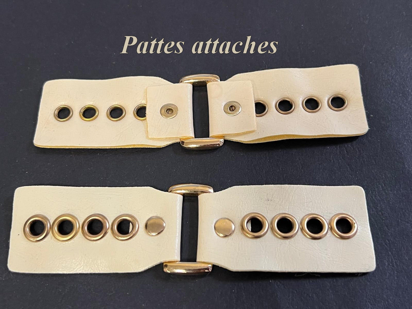 Decorative tie tabs – Cream faux leather with gold eyelets – 12 cm x 3 cm