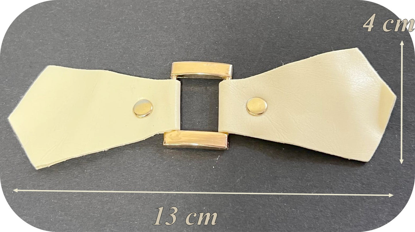 Tapered attachment tab – Cream faux leather & gold buckle – Decorative stitching element