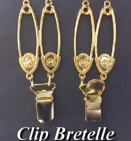 Pair of fancy suspender clips in gold with 2 pins in "Versace" style patterns