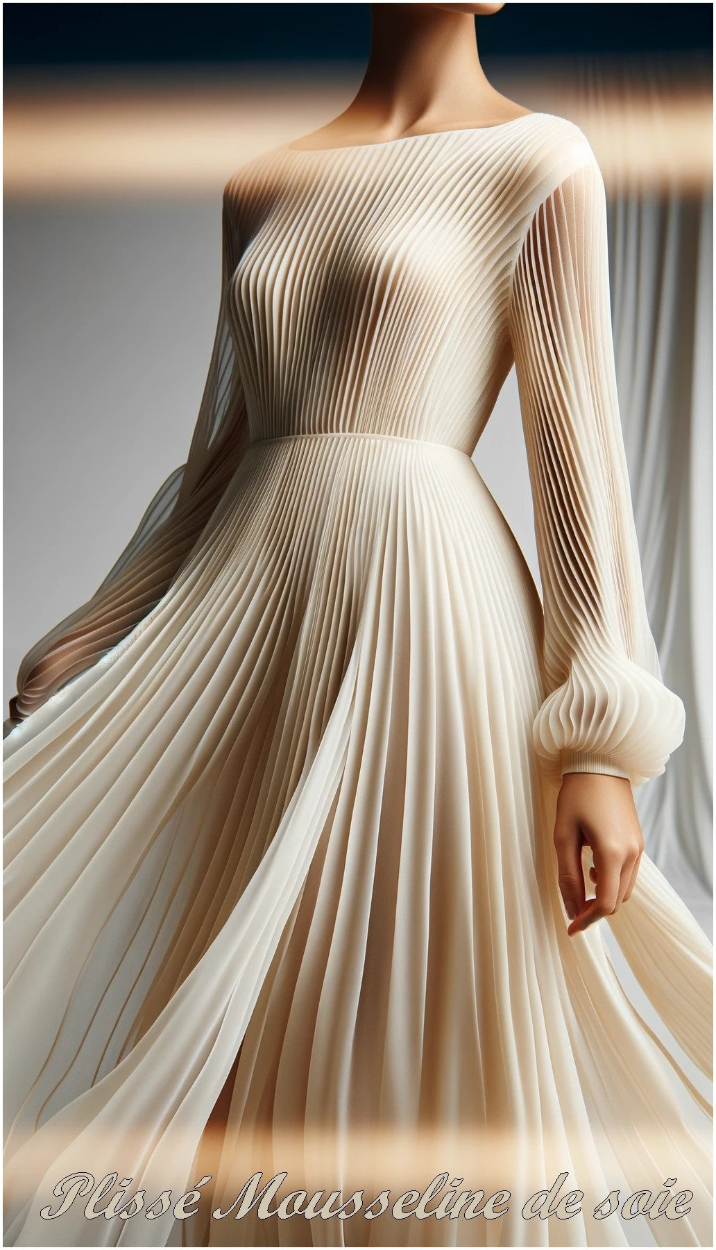 Plissé En Mousseline De Soie Ivoire Couture. - vendu au mètre. Pleated Ivory Chiffon Couture Fabric. - Sold by the meter.