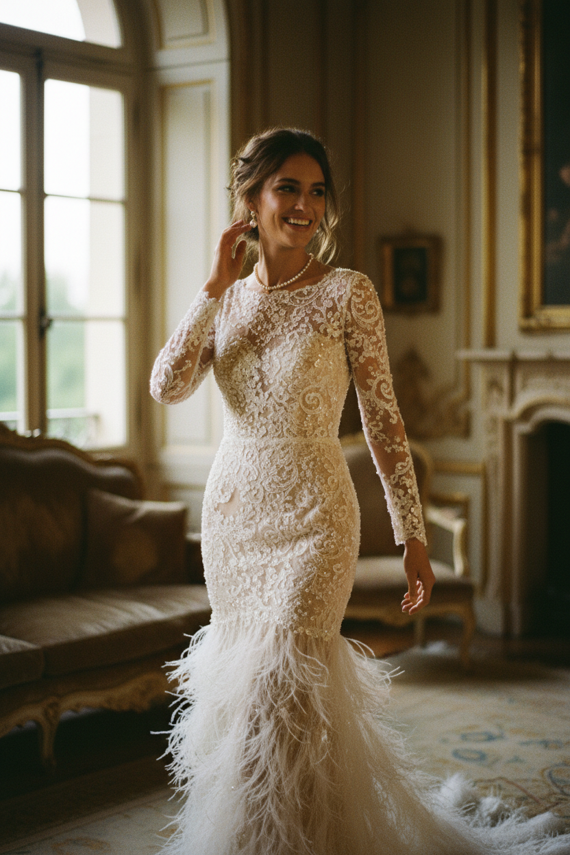 Robe de soirée serrée plumes en bas