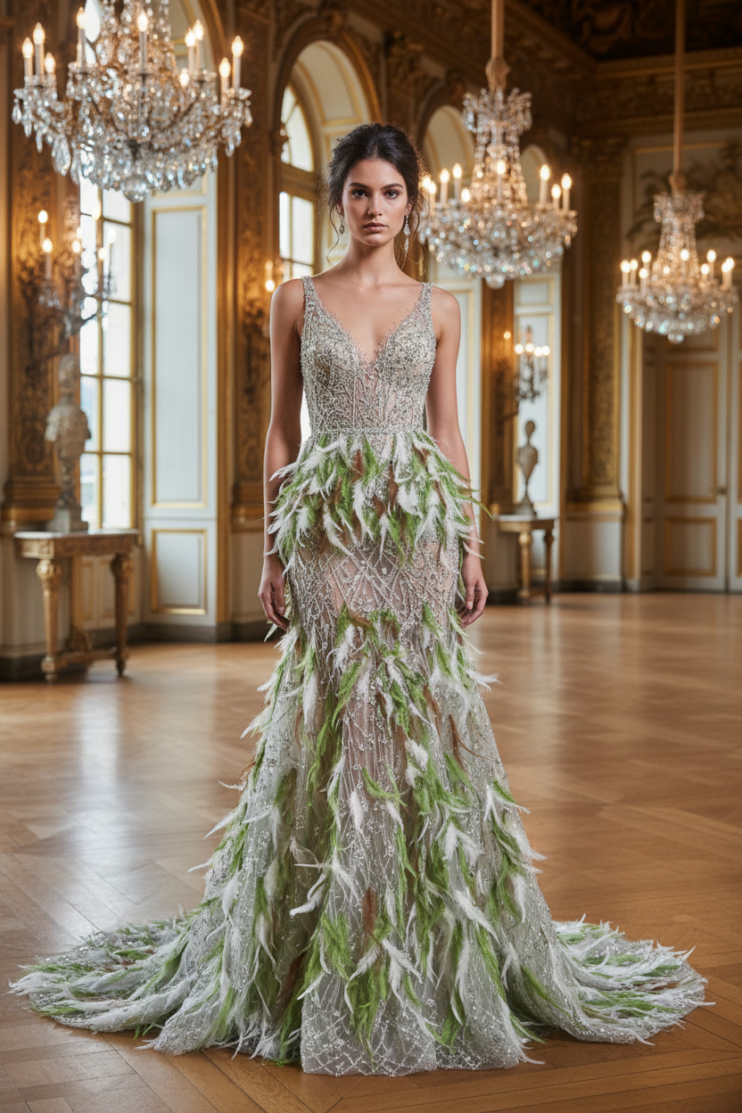 Robe de soirée tulle perlé plumes – éditorial château français