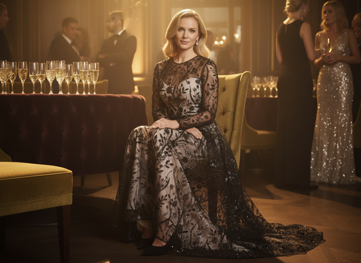 Robe en tulle perlé noir à une fête mondaine