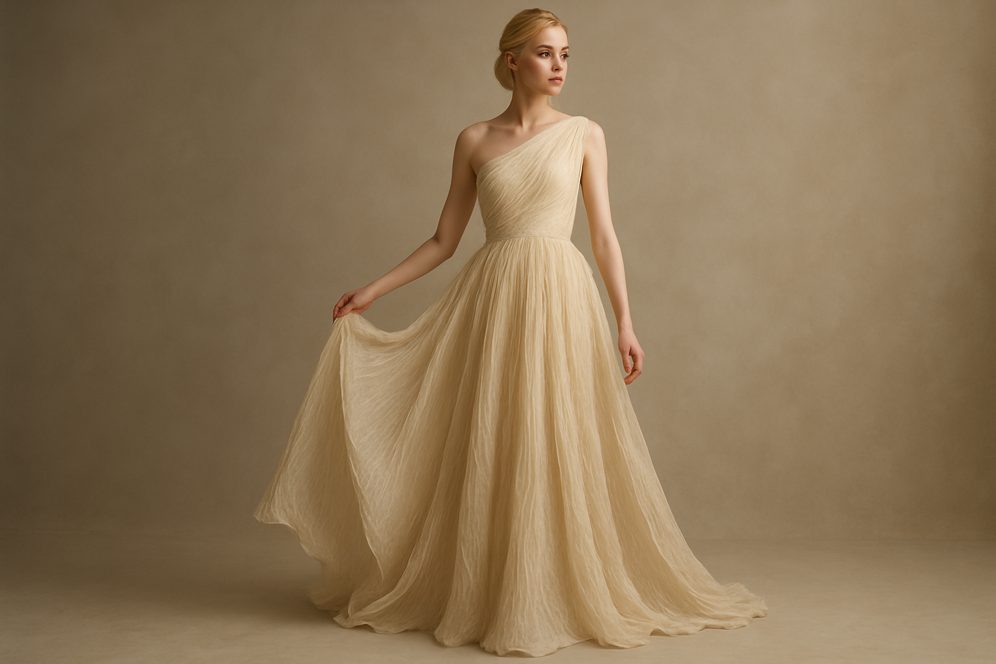 Robe haute couture avec ce magnifique tissu gaz de soie froissée écru