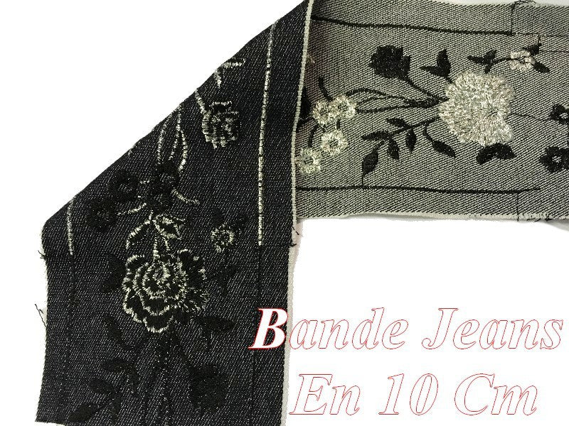 Ruban Bande De tissu Jeans Au Mètre brodé Double Face En 10 Cm Marine Et Gris