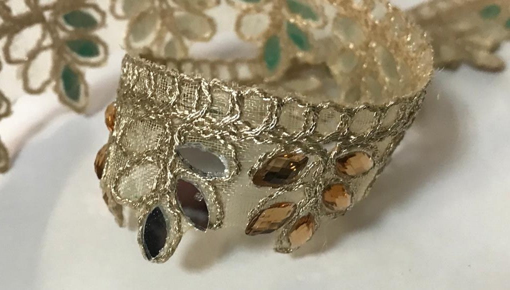 Gold Embroidered Ribbon adorned with rhinestones and Scalloped Mirror For Decorations Caftans Belts And Customizations.