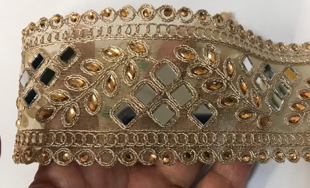Ruban Brodé Doré OR orné de strass et de Miroir Pour Décorations Caftans Ceintures Et Customisations.