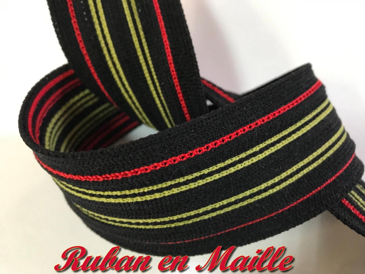 Cinta de Malla Negra con Hilo Rojo y Amarillo en Costura de 40mm: Añade un toque elegante a tu ropa