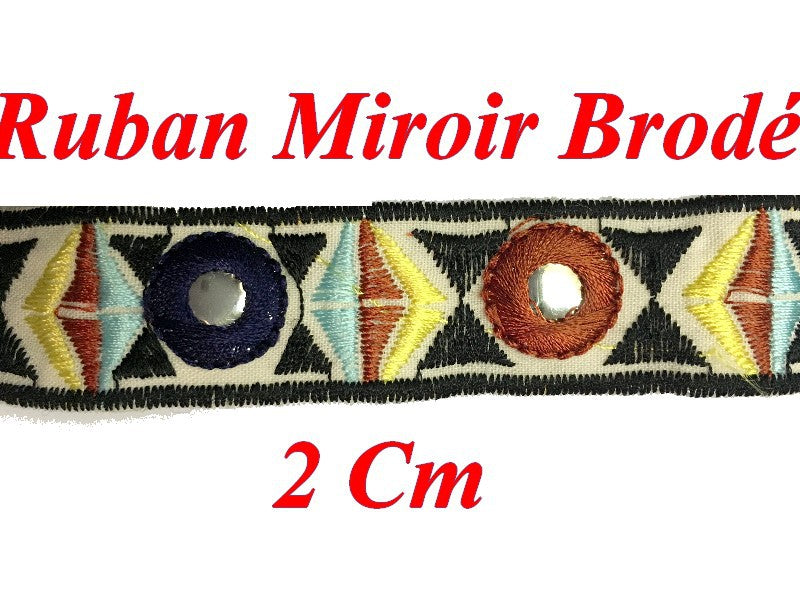 2cm Mirror Trim Ribbon in Navy and Brick and Yellow on Ecru Background for Decorations.
