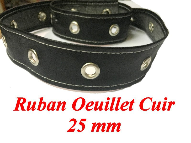 Ruban Oeuillet Cuir Noir En 25 mm A Coudre Pour Agrafage et Serrage