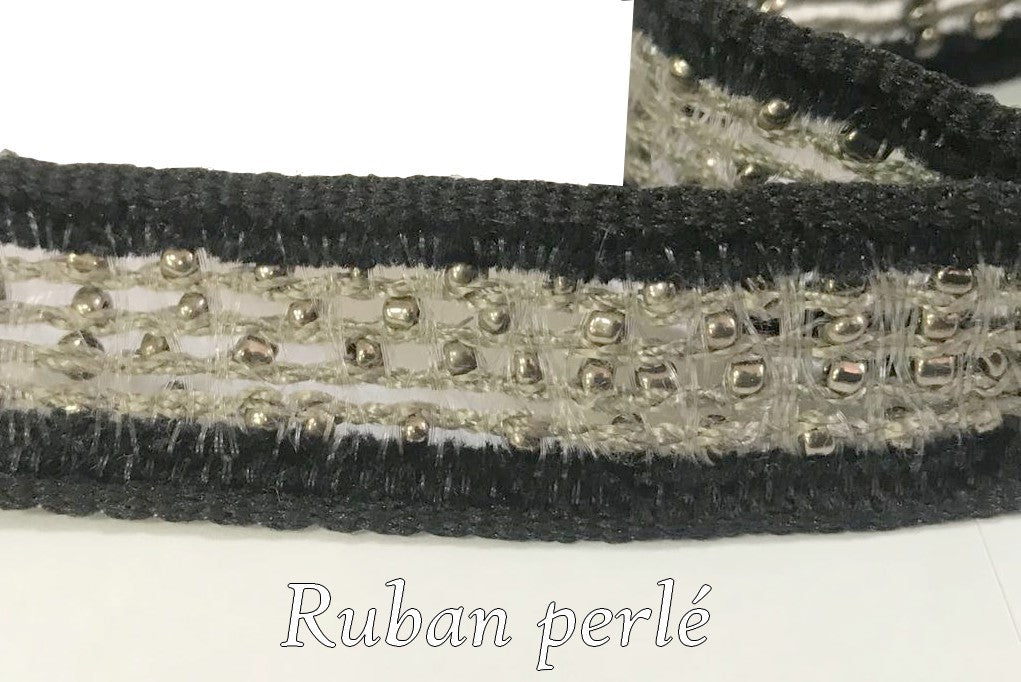 Ruban orné de perles argent, noir et gris en 17 mm : Élégance perlée