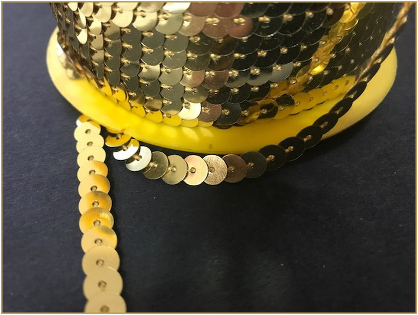 gold sequin ribbon, gold thread in gold sequin by the meter