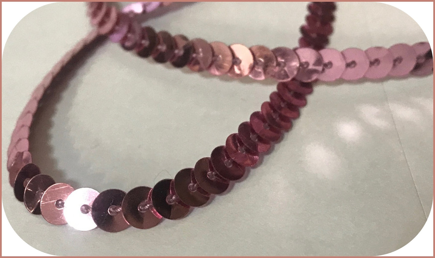 old pink sequin ribbon, old pink sequin thread by the meter