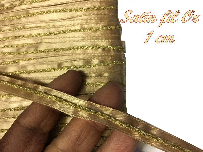 Beige Satin Ribbon by the meter with Gold Thread for Sewing, Creative Hobbies.