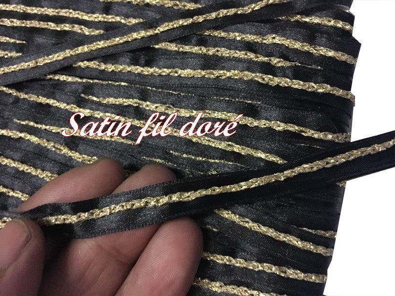 Black Satin Ribbon by the meter with Gold Thread for Sewing for Decoration.
