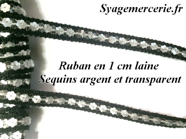 Sequin Ribbon by the Meter in Silver on 1 cm Black Wool Backing.