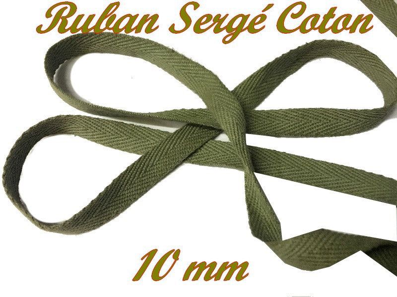 Ruban Sergé En 10 mm Kaki En coton A Coudre Pour Loisirs Créatifs Et Décorations.